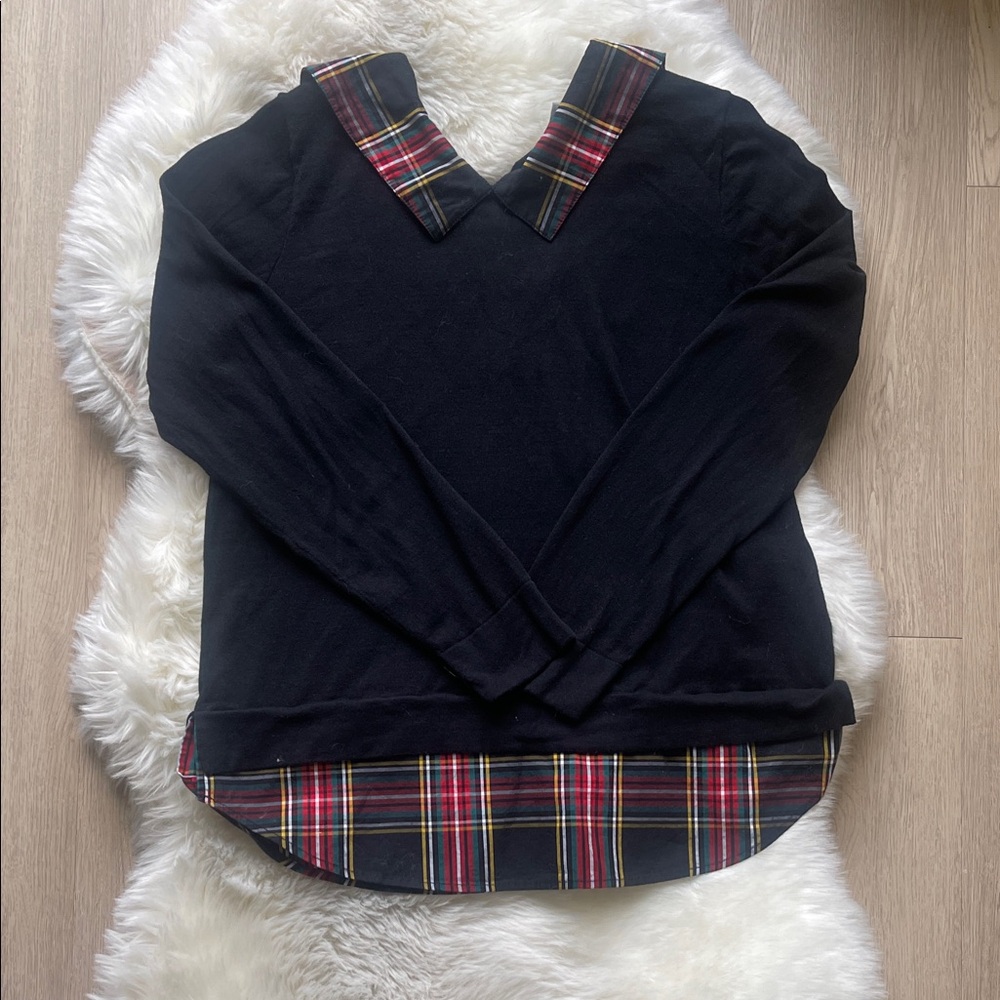 J. Crew Black Sweater with Red & Green Plaid Trim